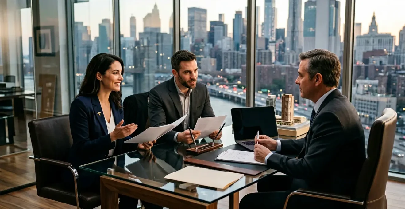 Couple élégant en consultation avec un conseiller bancaire dans un bureau moderne avec vue sur la ville
