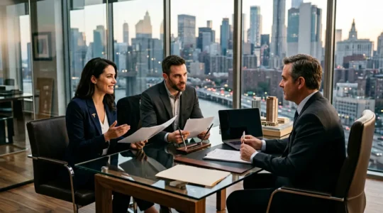 Couple élégant en consultation avec un conseiller bancaire dans un bureau moderne avec vue sur la ville