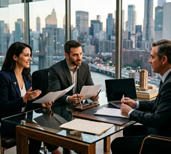 Couple élégant en consultation avec un conseiller bancaire dans un bureau moderne avec vue sur la ville