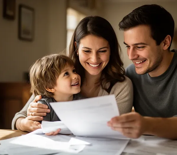 Portrait d'une famille sereine consultant ses comptes dans un environnement chaleureux