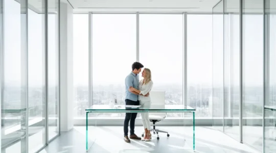 Couple de primo-accédants examinant des documents financiers avec un conseiller bancaire dans un bureau moderne