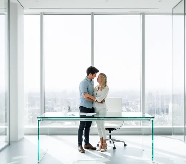 Couple de primo-accédants examinant des documents financiers avec un conseiller bancaire dans un bureau moderne