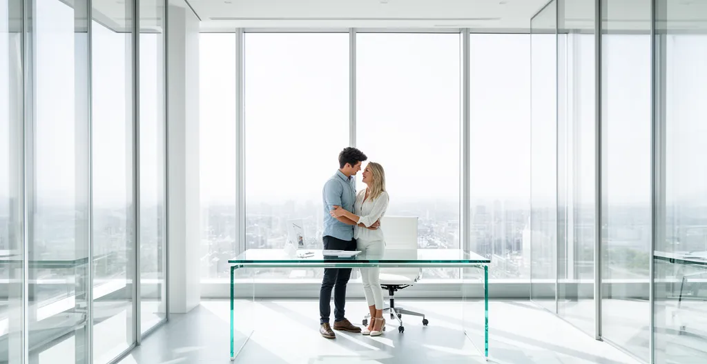 Couple de primo-accédants examinant des documents financiers avec un conseiller bancaire dans un bureau moderne