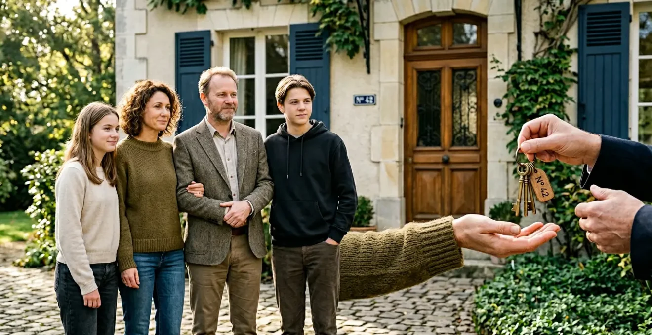 Famille recevant les clés de leur maison héritée, ambiance rassurante et chaleureuse
