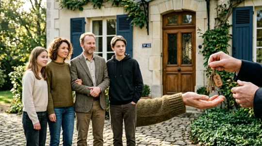 Famille recevant les clés de leur maison héritée, ambiance rassurante et chaleureuse