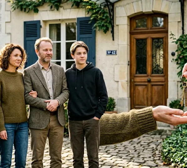 Famille recevant les clés de leur maison héritée, ambiance rassurante et chaleureuse