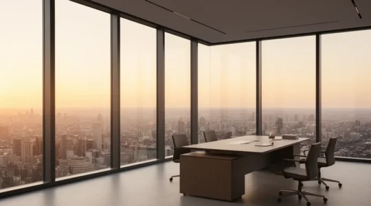 Bureau moderne avec vue panoramique sur la ville montrant un cadre consultant des documents immobiliers