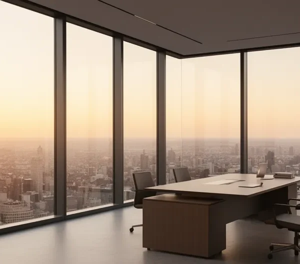 Bureau moderne avec vue panoramique sur la ville montrant un cadre consultant des documents immobiliers