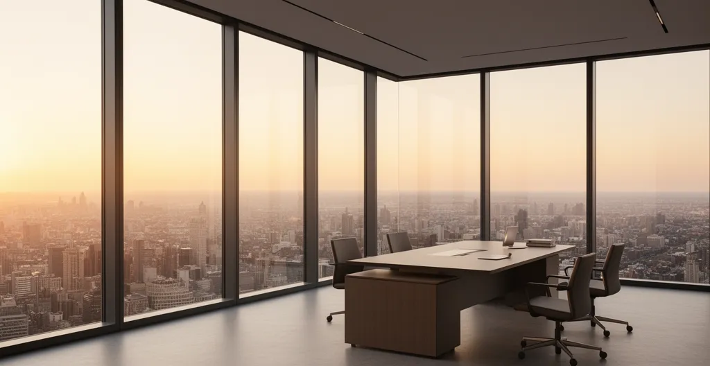 Bureau moderne avec vue panoramique sur la ville montrant un cadre consultant des documents immobiliers