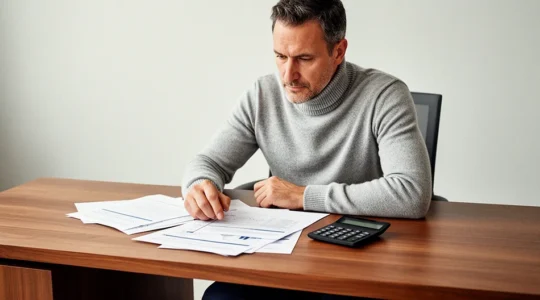 Un investisseur examine attentivement des documents fiscaux et immobiliers dans son bureau moderne