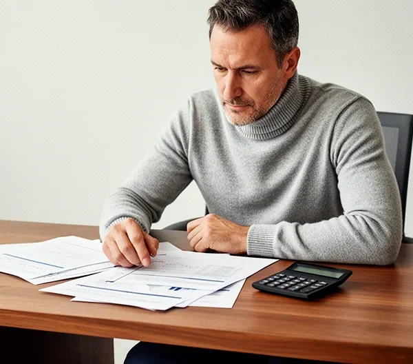 Un investisseur examine attentivement des documents fiscaux et immobiliers dans son bureau moderne