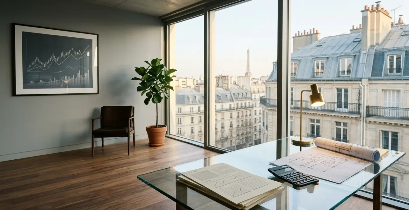 Investisseur immobilier analysant des documents financiers dans un bureau moderne avec vue sur immeubles parisiens