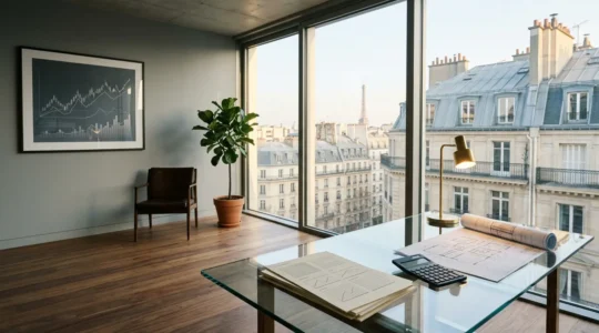 Investisseur immobilier analysant des documents financiers dans un bureau moderne avec vue sur immeubles parisiens