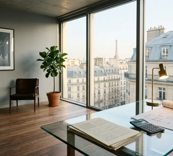 Investisseur immobilier analysant des documents financiers dans un bureau moderne avec vue sur immeubles parisiens