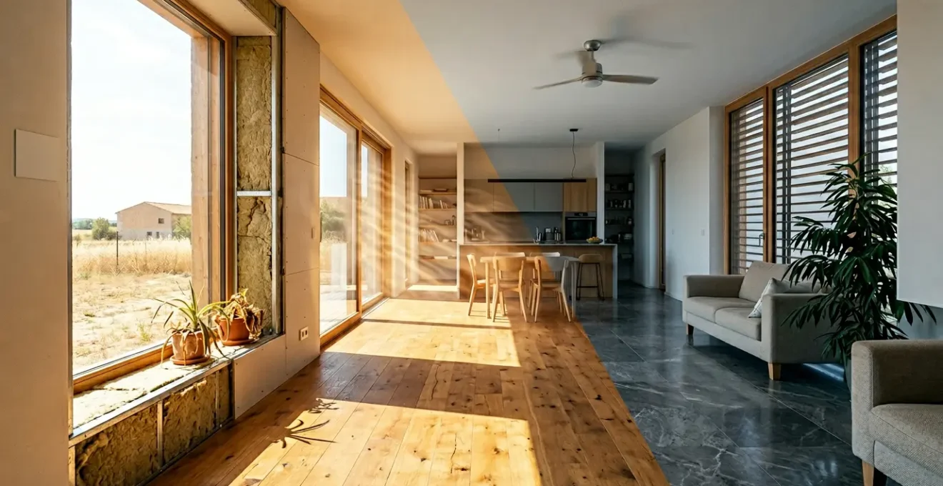 Intérieur de maison moderne montrant le contraste entre confort d'été et performance énergétique DPE