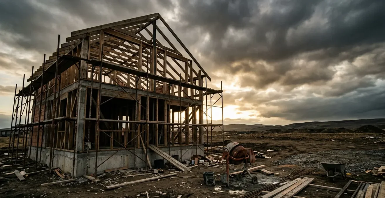 Maison en construction avec fondations apparentes représentant le risque financier de la revente prématurée