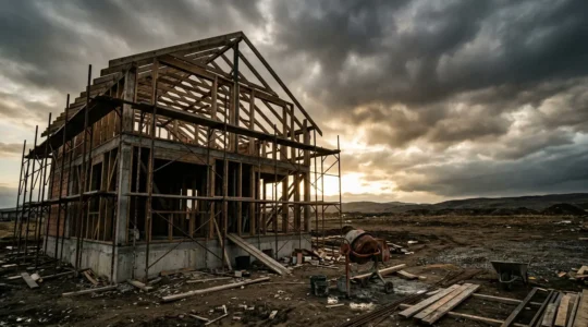 Maison en construction avec fondations apparentes représentant le risque financier de la revente prématurée