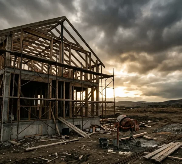 Maison en construction avec fondations apparentes représentant le risque financier de la revente prématurée