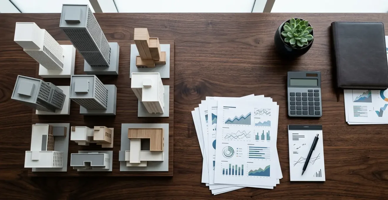 Vue aérienne d'un bureau avec documents financiers et maquettes immobilières