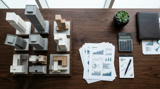 Vue aérienne d'un bureau avec documents financiers et maquettes immobilières