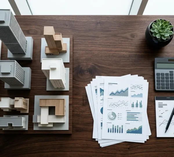 Vue aérienne d'un bureau avec documents financiers et maquettes immobilières