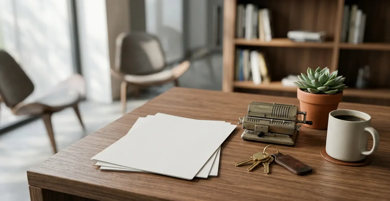 Bureau moderne avec documents de gestion locative, clés et calculatrice sur table en bois