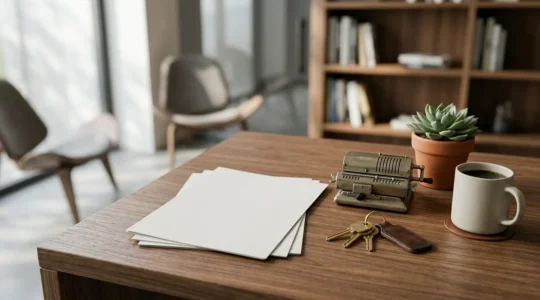 Bureau moderne avec documents de gestion locative, clés et calculatrice sur table en bois