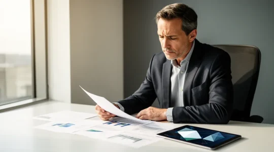Expert financier analysant des graphiques d'optimisation de crédit immobilier dans un environnement moderne