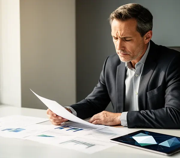 Expert financier analysant des graphiques d'optimisation de crédit immobilier dans un environnement moderne