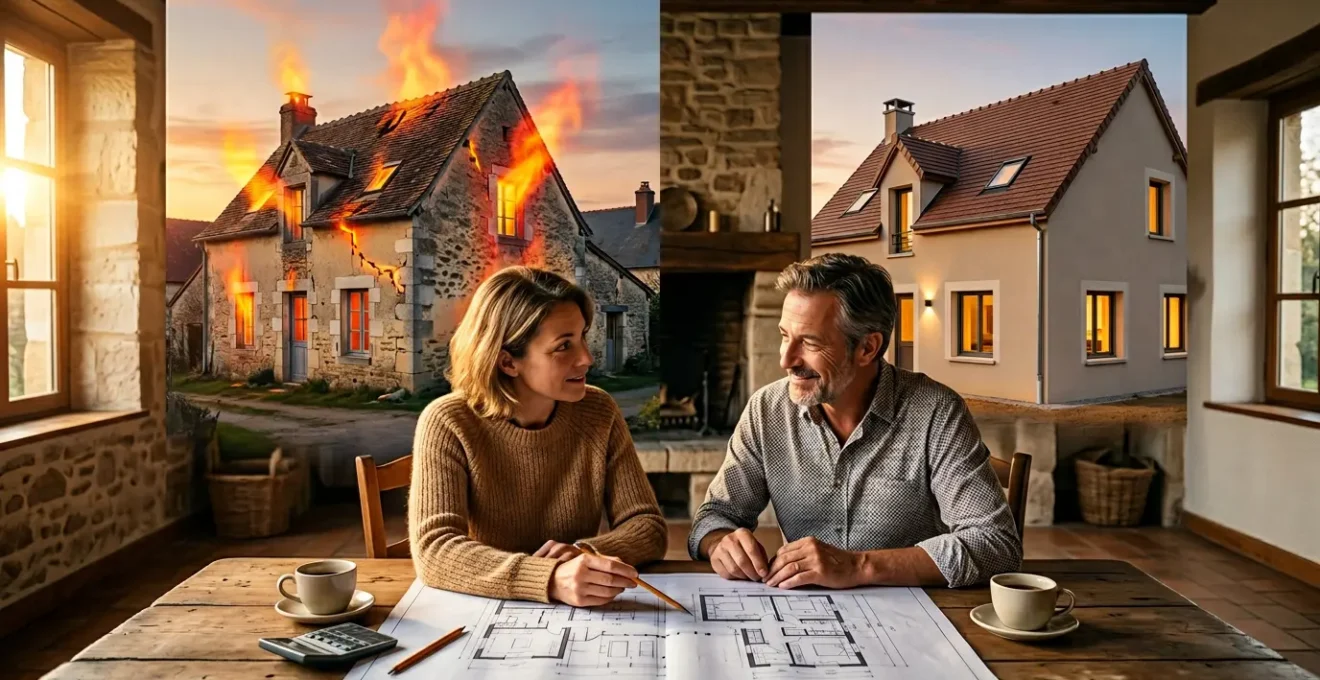 Maison ancienne avec déperditions thermiques visibles en infrarouge, propriétaire réfléchissant devant des plans de rénovation