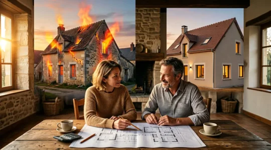 Maison ancienne avec déperditions thermiques visibles en infrarouge, propriétaire réfléchissant devant des plans de rénovation