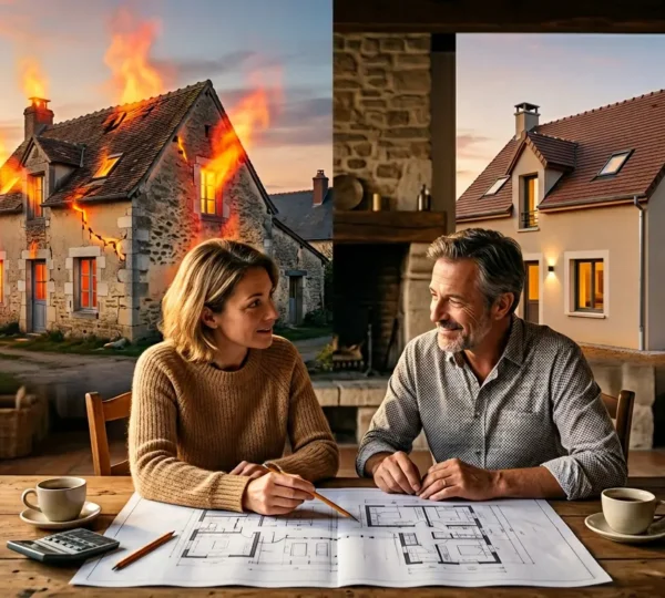 Maison ancienne avec déperditions thermiques visibles en infrarouge, propriétaire réfléchissant devant des plans de rénovation