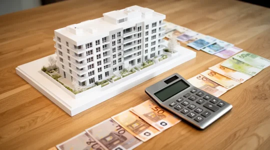 Vue plongeante d'une maquette architecturale blanche épurée avec des billets euros et une calculatrice moderne, symbolisant la planification financière d'un projet immobilier