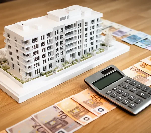 Vue plongeante d'une maquette architecturale blanche épurée avec des billets euros et une calculatrice moderne, symbolisant la planification financière d'un projet immobilier