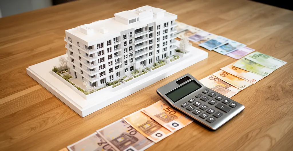 Vue plongeante d'une maquette architecturale blanche épurée avec des billets euros et une calculatrice moderne, symbolisant la planification financière d'un projet immobilier