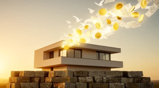 Maison moderne avec des pièces de monnaie dorées qui s'envolent vers le ciel, symbolisant la libération de liquidités grâce au prêt hypothécaire