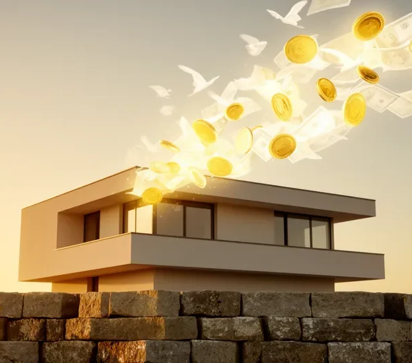 Maison moderne avec des pièces de monnaie dorées qui s'envolent vers le ciel, symbolisant la libération de liquidités grâce au prêt hypothécaire