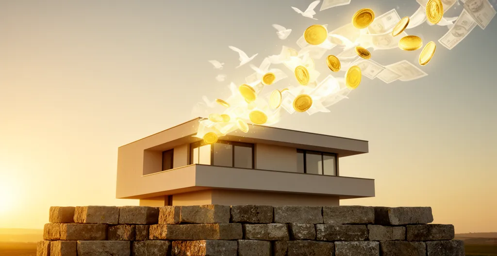 Maison moderne avec des pièces de monnaie dorées qui s'envolent vers le ciel, symbolisant la libération de liquidités grâce au prêt hypothécaire
