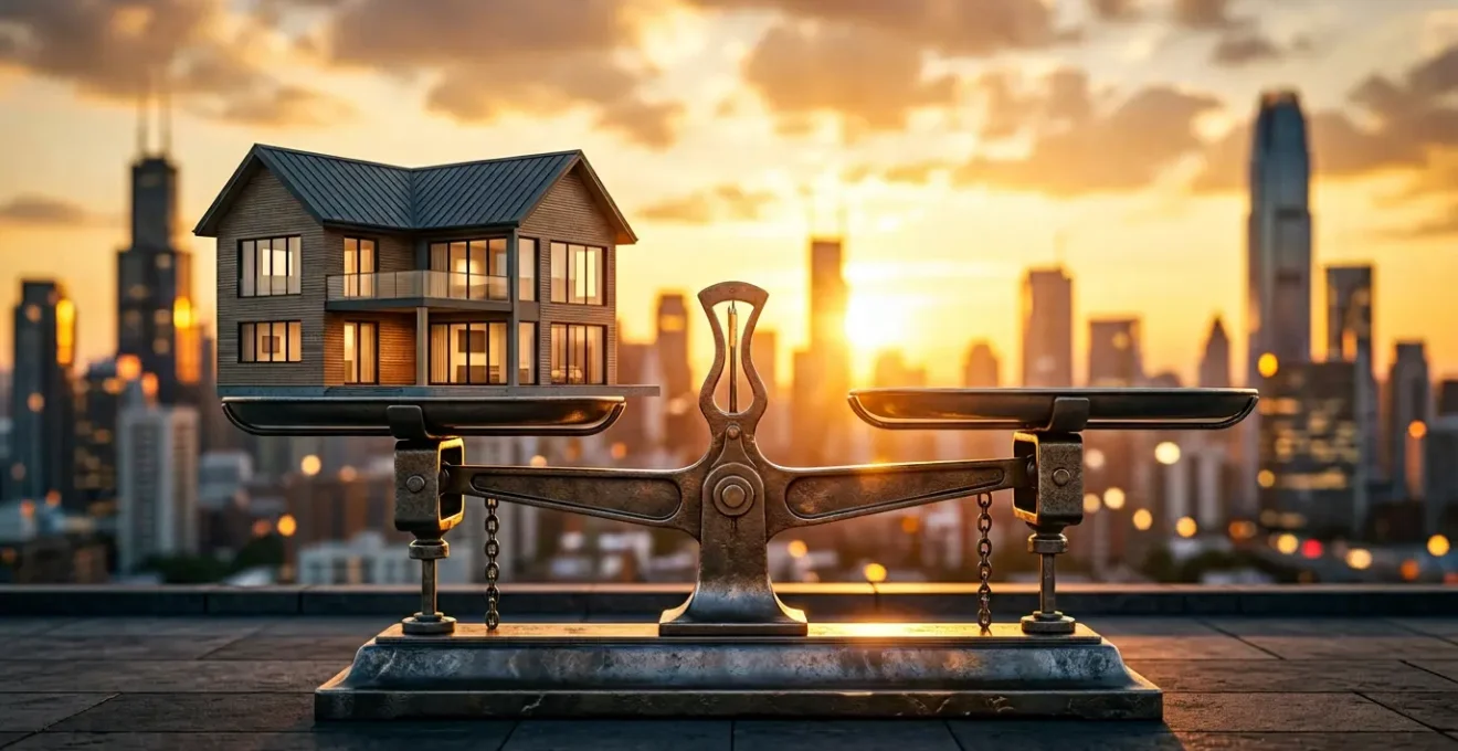 Maison contemporaine avec balance doré symbolisant l'équilibre entre vente et achat immobilier