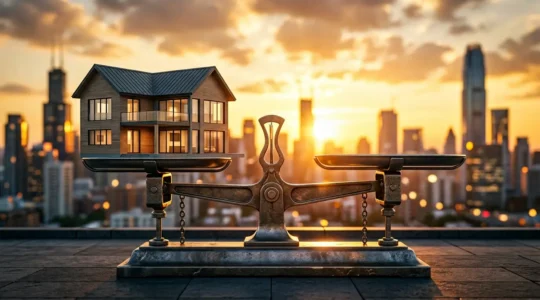 Maison contemporaine avec balance doré symbolisant l'équilibre entre vente et achat immobilier