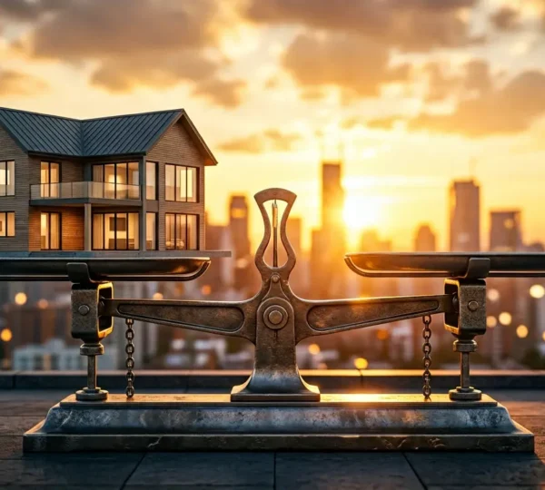 Maison contemporaine avec balance doré symbolisant l'équilibre entre vente et achat immobilier