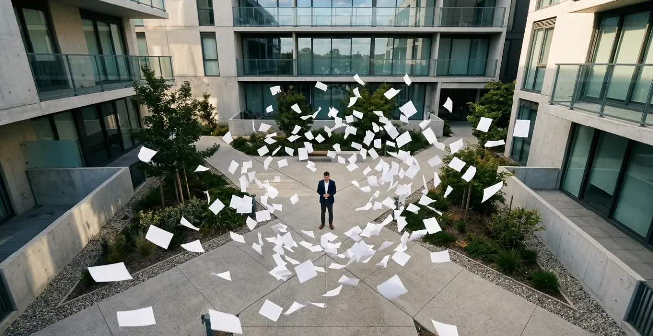 Propriétaire naviguant dans la complexité administrative d'une copropriété avec des documents et une calculatrice