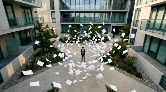 Propriétaire naviguant dans la complexité administrative d'une copropriété avec des documents et une calculatrice