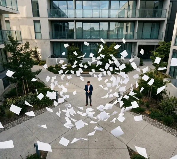 Propriétaire naviguant dans la complexité administrative d'une copropriété avec des documents et une calculatrice