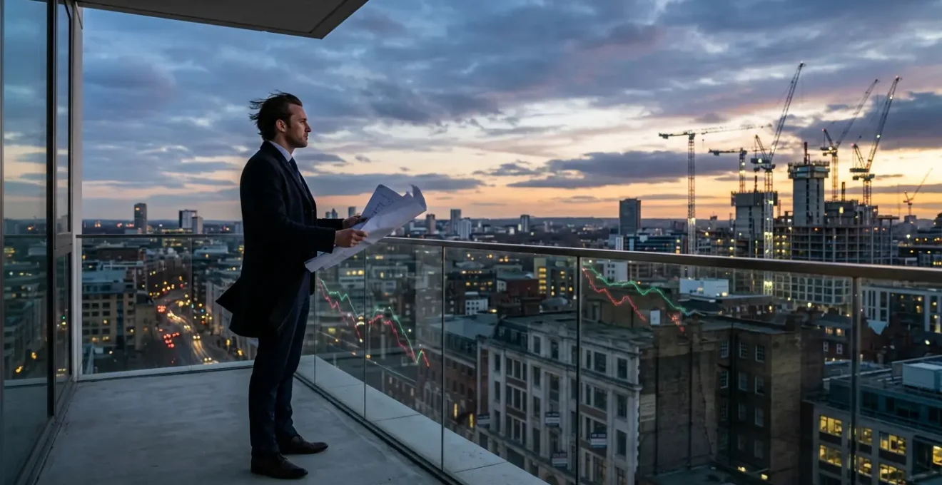 Investisseur analysant des opportunités immobilières sur un marché en baisse avec des graphiques et des plans