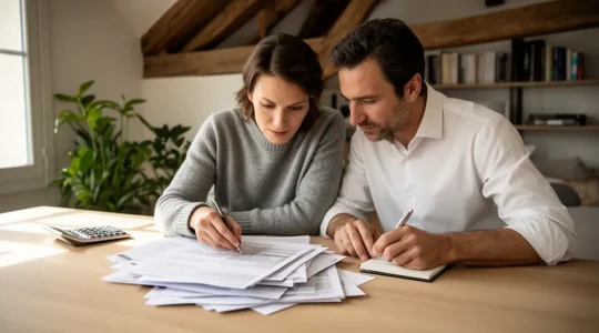 Couple examinant des documents fiscaux dans un bureau lumineux avec calculatrice et graphiques