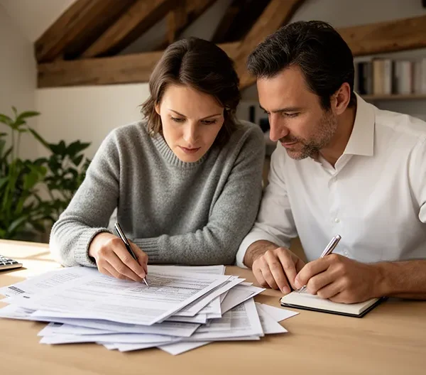 Couple examinant des documents fiscaux dans un bureau lumineux avec calculatrice et graphiques