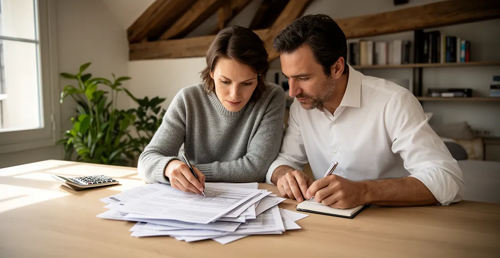 Couple examinant des documents fiscaux dans un bureau lumineux avec calculatrice et graphiques