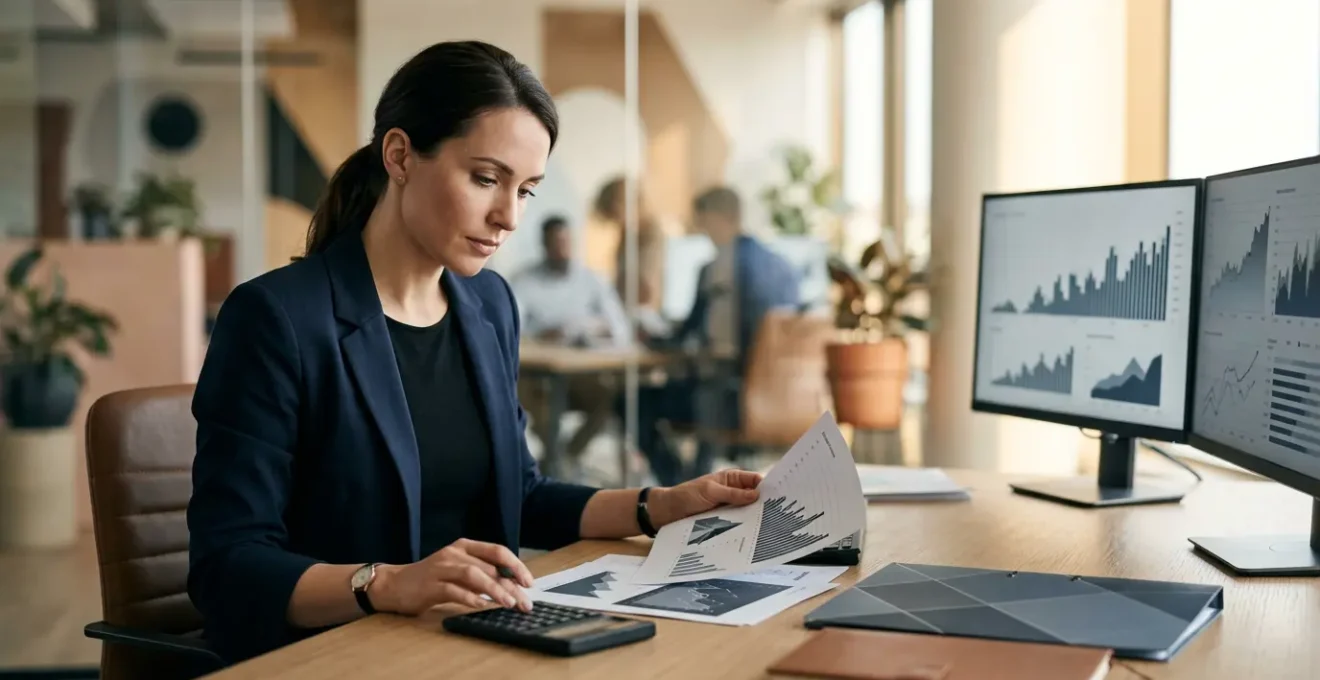 Professionnel étudiant des documents financiers avec calculatrice et graphiques de taux sur bureau moderne