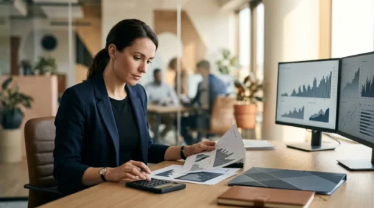 Professionnel étudiant des documents financiers avec calculatrice et graphiques de taux sur bureau moderne